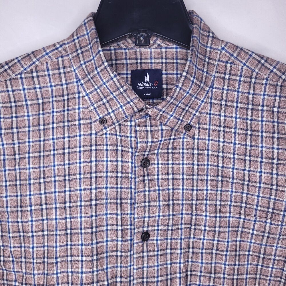 Johnnie O Shirt Mens Large Check Brown, Blue Celo Bison